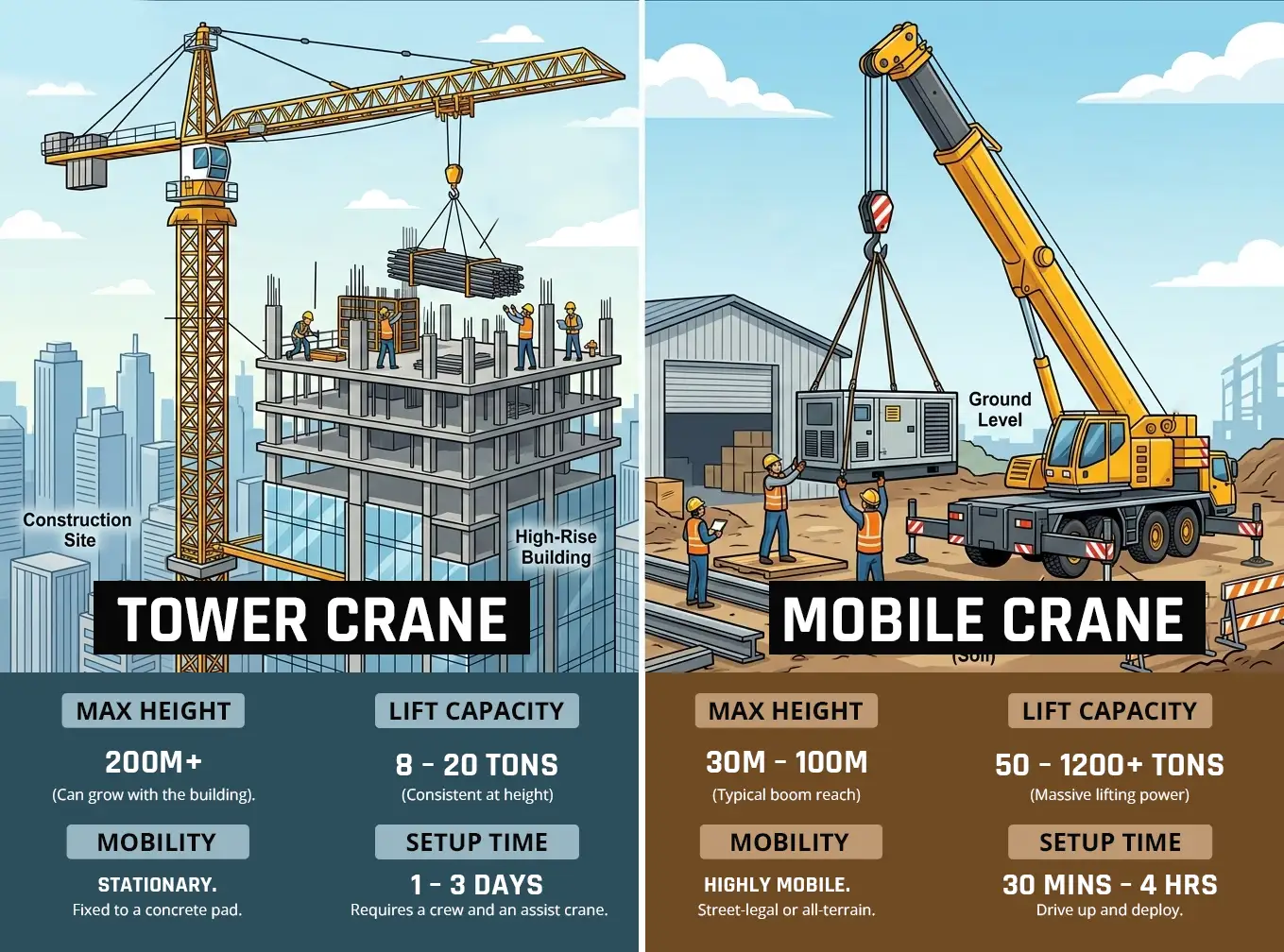  Infographic showing differences between tower crane and mobile crane